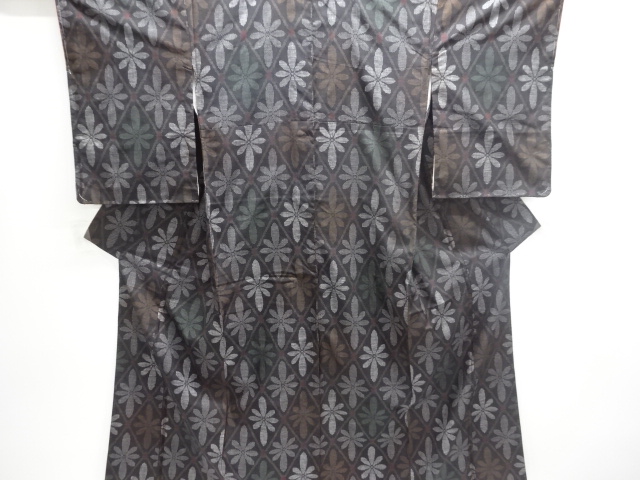 JAPANESE KIMONO / UNUSED DORO OSHIMA TSUMUGI (5 maruki) / WOVEN RHOMUBS FLOWER 